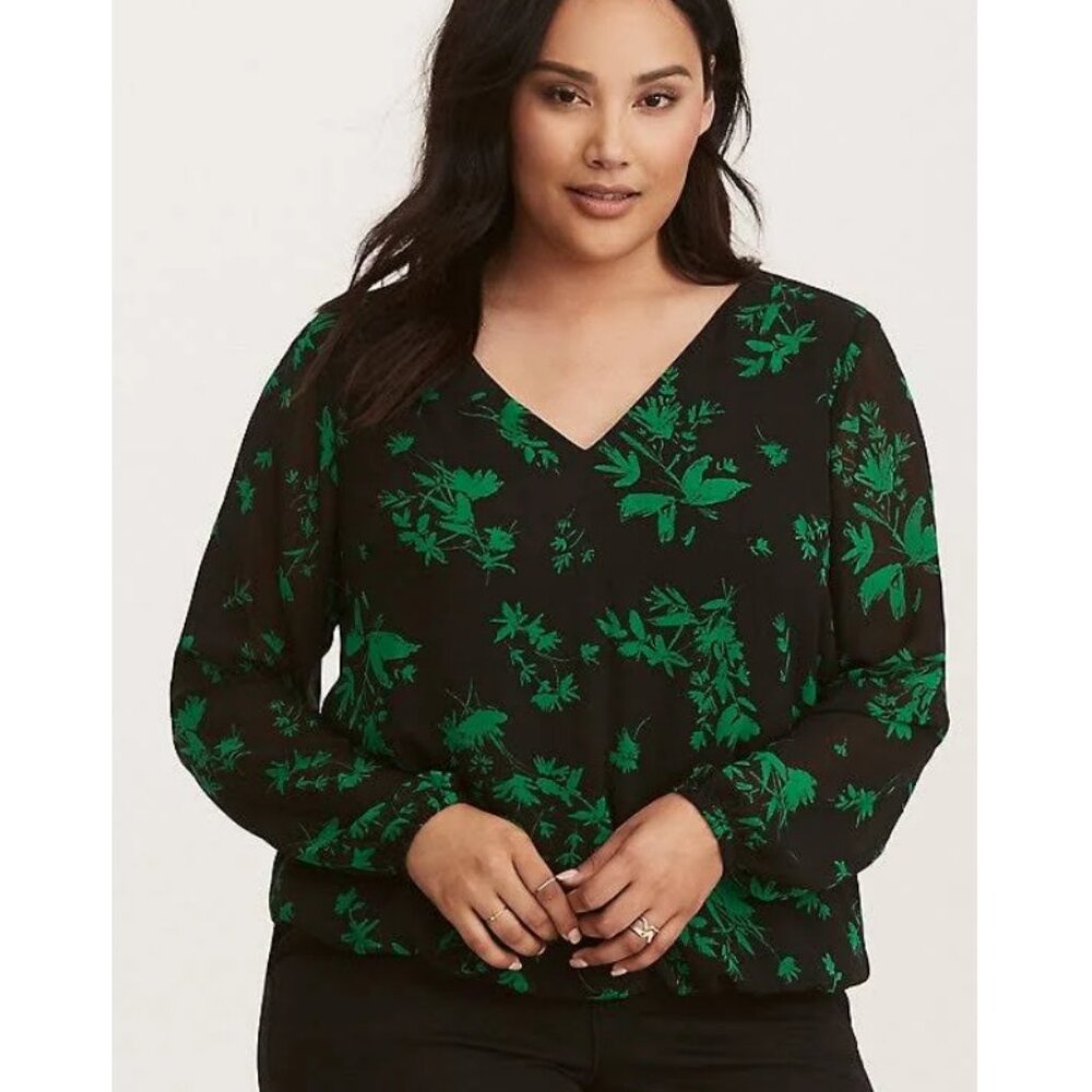 Torrid 1 Black & Green Floral Chiffon CrissCross Back Top 1X 14 16